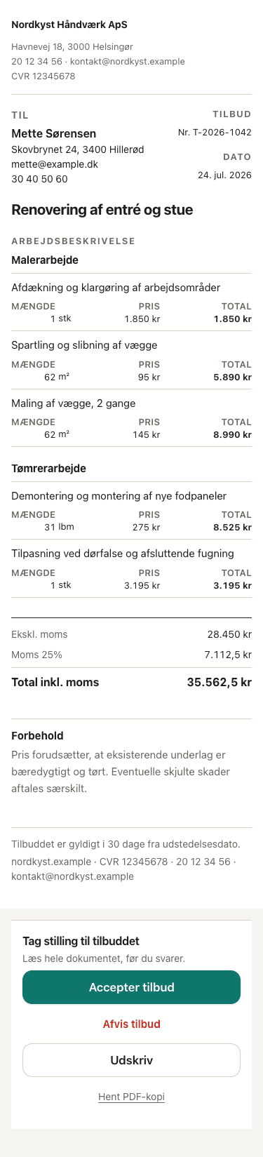 Et færdigt tilbud fra Tilbudsmakker, som kunden kan acceptere online